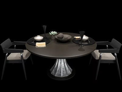 Round Black Dining Table Set With Four Black Frame Chairs Light Cushions And Table Decor 3d model