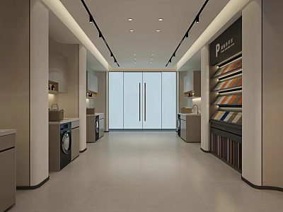 Modern Interior Design Of Appliance Showroom With Washers Display Shelves And Spacious Hallway 3d model