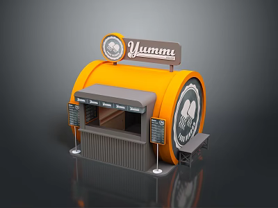 Orange Cylindrical Modern Cafe Kiosk With Clock Signboard And Counter Windows 3d model