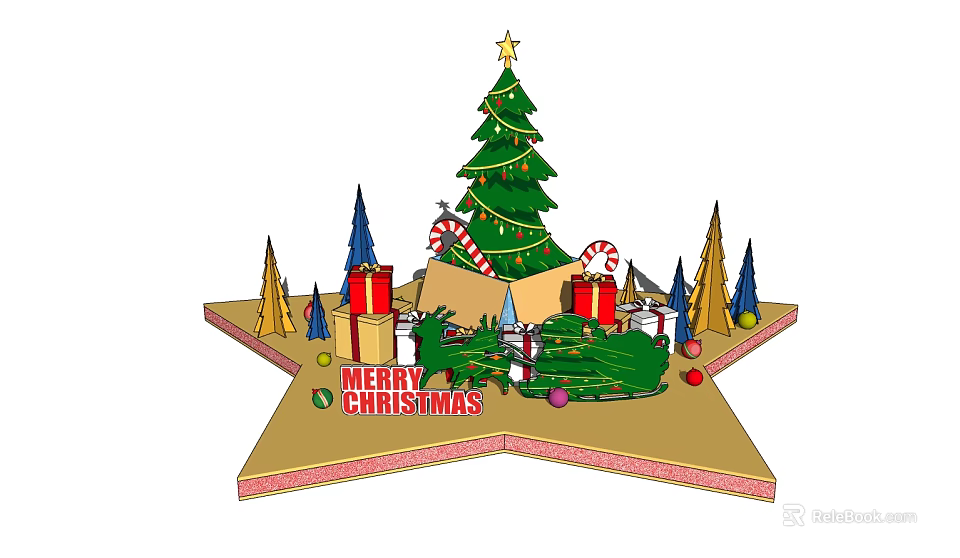 Christmas Themed Photo Spot With Decorated Tree Gifts Candy Canes And Merry Christmas Sign 3d model 