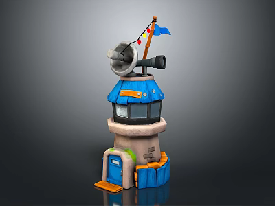 Scenic Cartoon Lighthouse With Blue Roof Flag Telescope Stone Tower And Blue Door 3d model