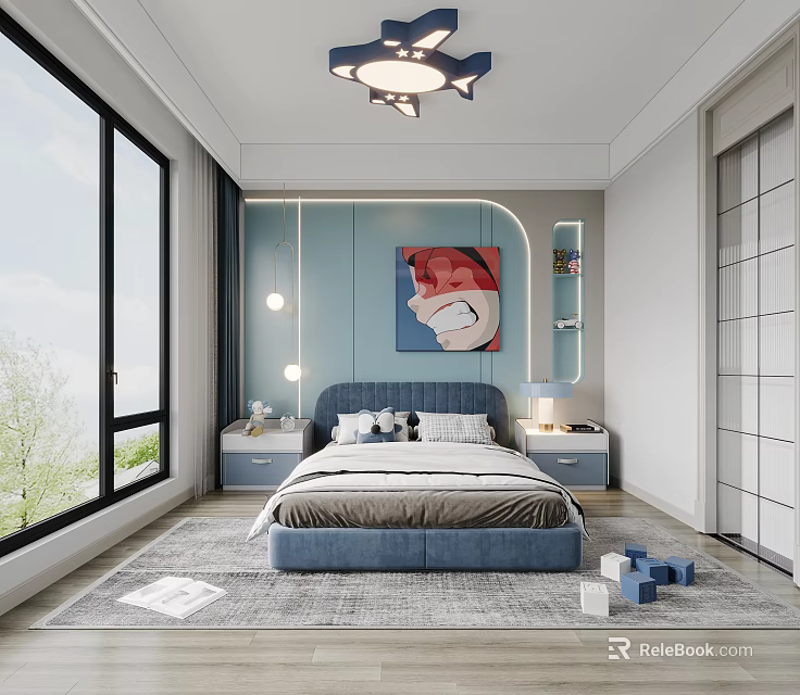 Modern Kids Bedroom With Blue Accents Cartoon Art And Shark Lamp 3d model 