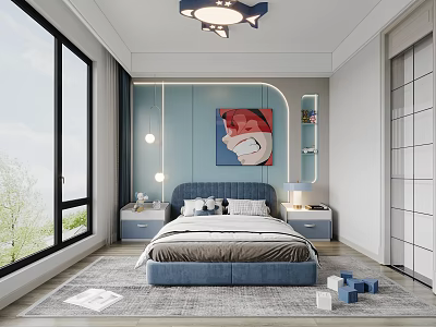 Modern Kids Bedroom With Blue Accents Cartoon Art And Shark Lamp 3d model