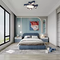 Modern Kids Bedroom With Blue Accents Cartoon Art And Shark Lamp