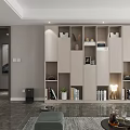 Modern Living Room Bookcase Design With Open Shelves And Decorative Plants
