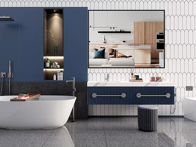 Modern Bathroom Vanity With Double Sinks Marble Countertop Blue Cabinets And Round Stool 3d model