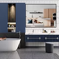 Modern Bathroom Vanity With Double Sinks Marble Countertop Blue Cabinets And Round Stool