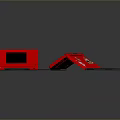 Red Open Portable Laptop with Black Screen Game Cartridges and Stickers