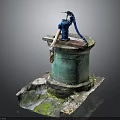 Rustic Hand Water Pump On Green Stone Well Platform With Mossy Weathered Ground