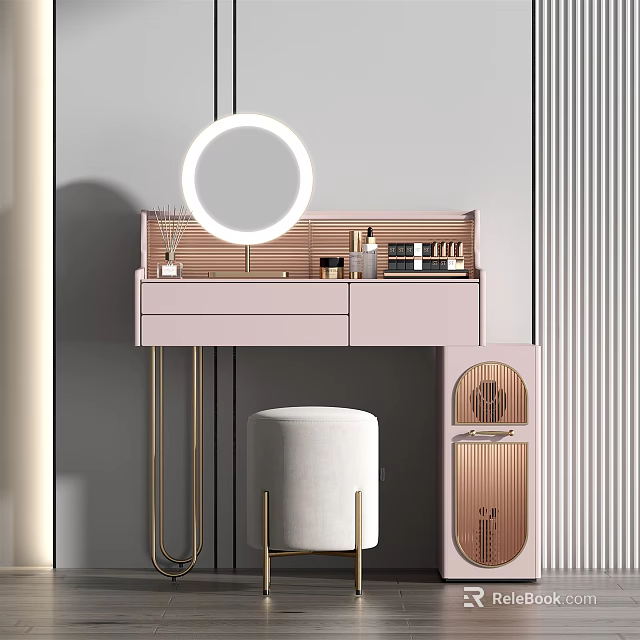 Modern Pink Dressing Table With Round Mirror Gold Legs And Cushioned Stool 3d model