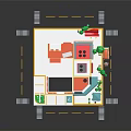 Cartoon Style Colorful Building Scene With Coco Sign Trees Street Lamp Outdoor Seating And Vehicle