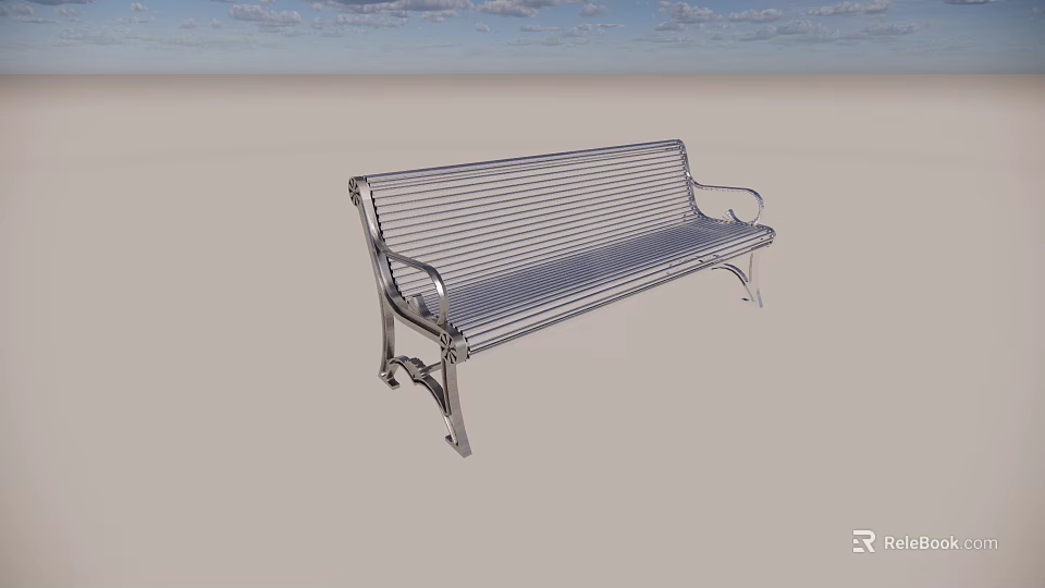 Stainless Steel Public Bench With Armrests And Slatted Design For Outdoor Use 3d model 