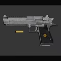 Close Up View Of Silver Metallic Pistol Weapon With Detailed Design And Floating Bullet