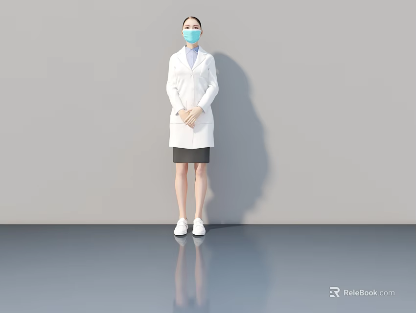 Woman Wearing White Coat Black Skirt Blue Mask Standing on Reflective Floor with Gray Background 3d model 