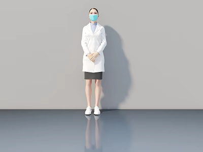 Woman Wearing White Coat Black Skirt Blue Mask Standing on Reflective Floor with Gray Background 3d model