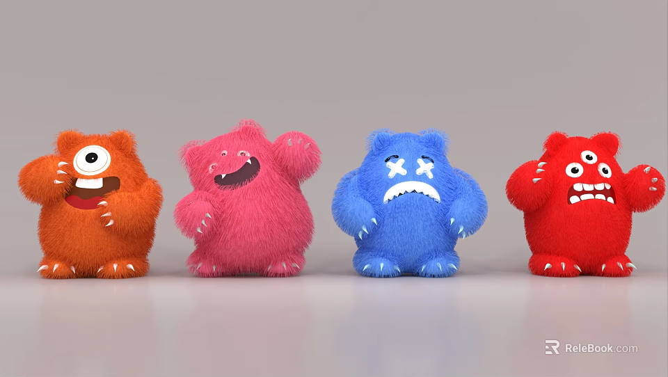Cute Cartoon Monsters Scene with Colorful Furry Characters and Different Expressions 3d model 