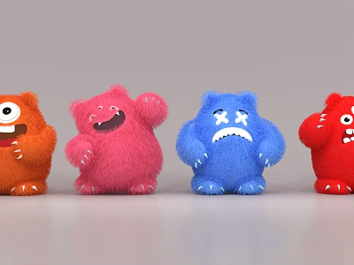 Cute Cartoon Monsters Scene with Colorful Furry Characters and Different Expressions 3d model