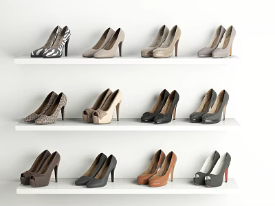 Stylish High Heels Neatly Arranged on White Shelves with Zebra Leopard Beige Black Brown Colors 3d model
