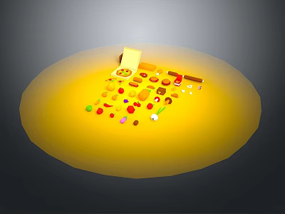Colorful Creatures And Characters On Yellow Circular Platform With Small Items 3d model