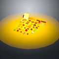 Colorful Creatures And Characters On Yellow Circular Platform With Small Items