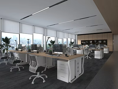 Modern Public Office Space With Multiple Workstations Computers Ergonomic Chairs Plants And Natural Light 3d model