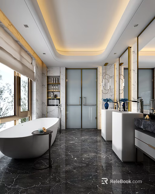 Modern Luxury Bathroom Interior With Freestanding Bathtub Double Vanity And Marble Flooring 3d model 