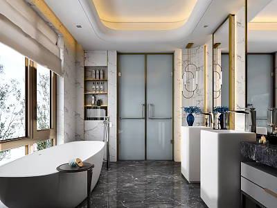 Modern Luxury Bathroom Interior With Freestanding Bathtub Double Vanity And Marble Flooring 3d model