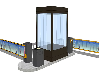 Glass Enclosed Security Booth With Metal Frame And Entry Barriers Setup 3d model