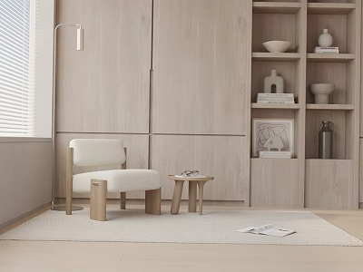 White Single Sofa with Light Wooden Cabinets Bookshelf Bowls Small Stool Rug and Floor Lamp 3d model