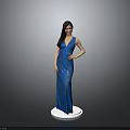 Child In Blue Long Dress Standing On White Base With Gray Background