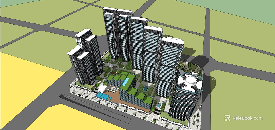 Modern High Rise Building Complex With Green Spaces Swimming Pool And Urban Layout Design 3d model 
