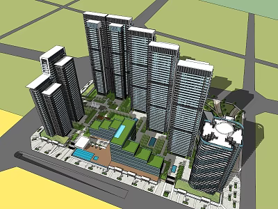 Modern High Rise Building Complex With Green Spaces Swimming Pool And Urban Layout Design 3d model