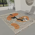 Square Area Rug with Orange Beige Abstract Pattern Tasseled Edges White Chair Books Round Mirror