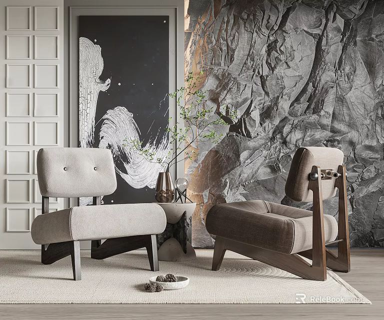 Modern Casual Sofa Set With Single Seater Textured Wall Potted Plant And Soft Rug 3d model 
