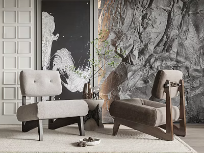 Modern Casual Sofa Set With Single Seater Textured Wall Potted Plant And Soft Rug 3d model