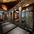 Traditional Chinese Teahouse Interior With Wooden Furniture Carved Ceiling And Elegant Lighting