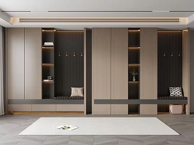 Modern Wooden Shoe Cabinet Design With Storage Shelves Seating Bench And LED Lighting 3d model