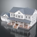 Exterior View Of Classic Single Family House With Gray Roof White Porch Stairs And Garage