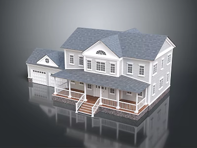 Exterior View Of Classic Single Family House With Gray Roof White Porch Stairs And Garage 3d model