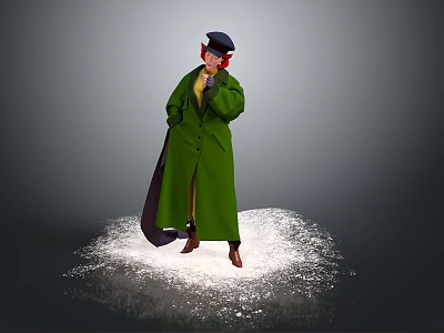 Fashionable Green Long Wool Coat With Classic Hat For Daily Wear 3d model