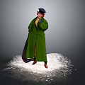Fashionable Green Long Wool Coat With Classic Hat For Daily Wear