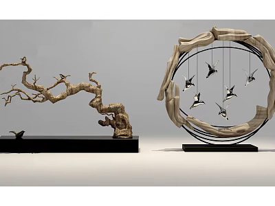 Natural Wooden Branch Decorative Ornament Set With Hanging Bird Figures And Circular Frame 3d model