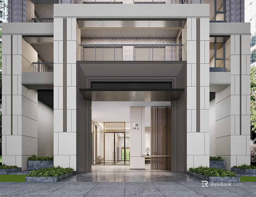 Modern Building Entrance Design With Porch Columns Glass Doors And Greenery 3d model 