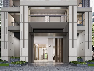 Modern Building Entrance Design With Porch Columns Glass Doors And Greenery 3d model