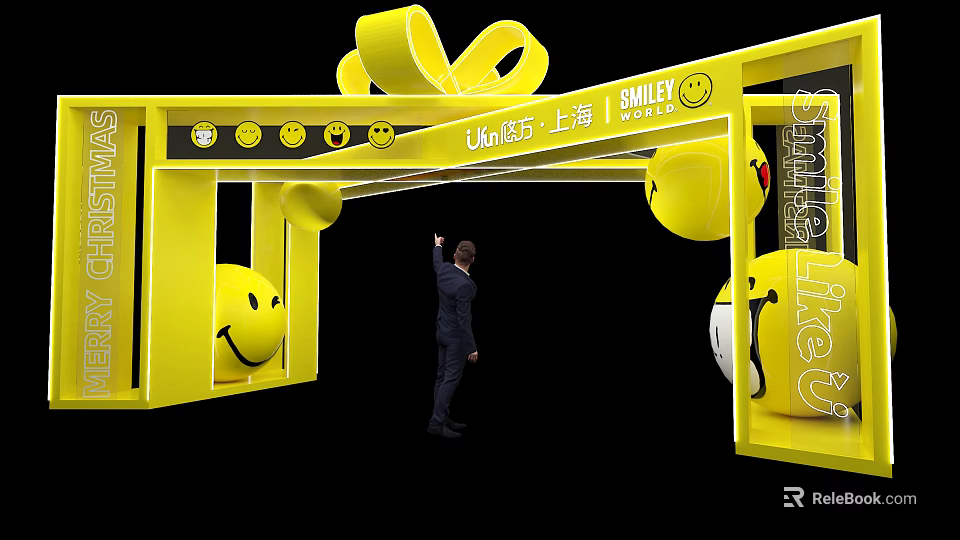Vibrant Yellow Smiley Event Gateway at Linq Shanghai with Person Pointing 3d model 