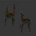 Vintage Wooden Chairs with Armrests Worn Surface Three Stacked and Standing Gray Background Reflective Floor