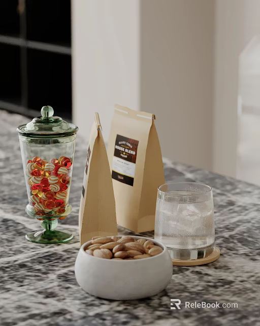 Kitchen Countertop Ornament Set with Glass Jar Candies Coffee Bag Nuts Bowl and Ice Cup 3d model 