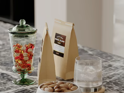 Kitchen Countertop Ornament Set with Glass Jar Candies Coffee Bag Nuts Bowl and Ice Cup 3d model
