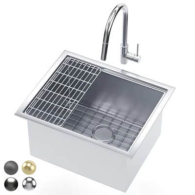 Modern Stainless Steel Single Bowl Kitchen Sink With Drainage Grid And Faucet 3d model