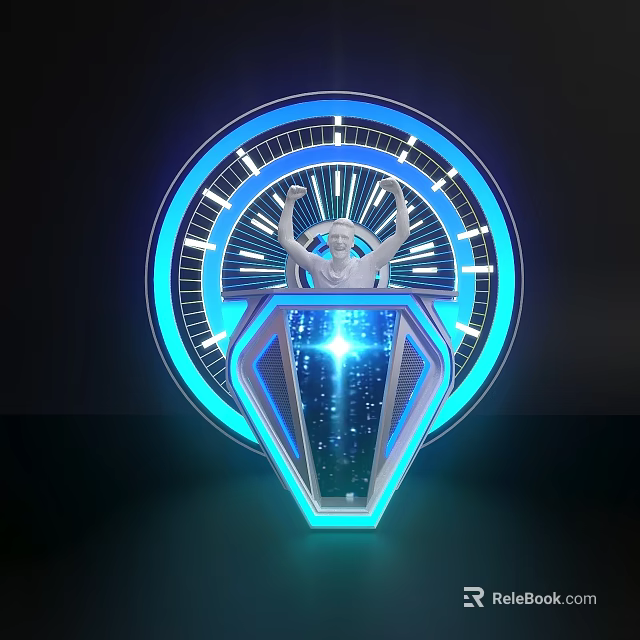 Futuristic Tech Installation With Blue Glowing Ring Central Statue And Illuminated Interior 3d model